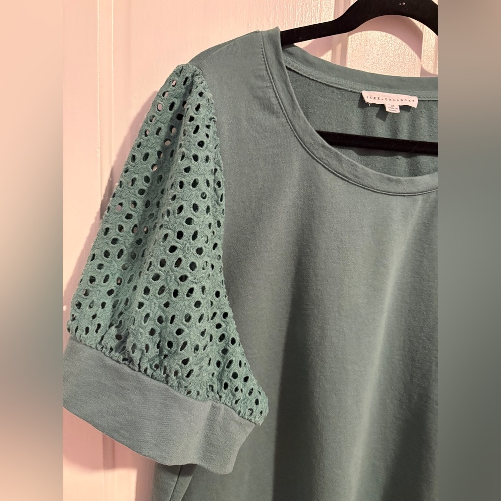 💙 2 for $25 Jane + Delancey - Eyelet Puff Sleeve Terry Shift Dress 2X Green - Picture 2 of 6